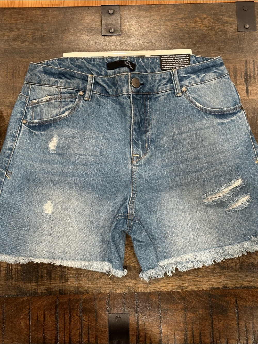 1822 Blue Denim Distressed Frayed Hem Shorts